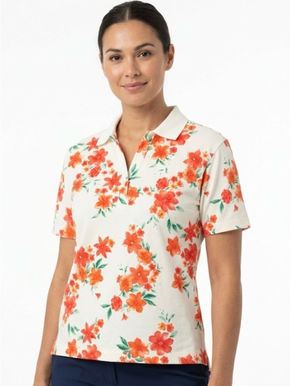 EP Pro Women’s Floral Print Golf Polo Shirt – Orange/Red Hibiscus – Size Large